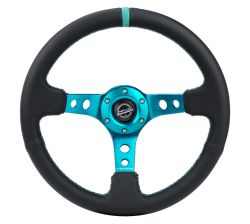 NRG Teal Center Teal Stitch Black Leather 350mm Steering Wheel