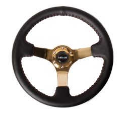 NRG 350mm Black Leather Red Stich Chrome Gold Center Steering Wheel