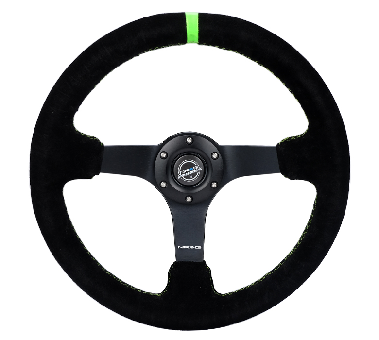 NRG ODI 350mm Black Suede Neon Green Stitching Steering Wheel