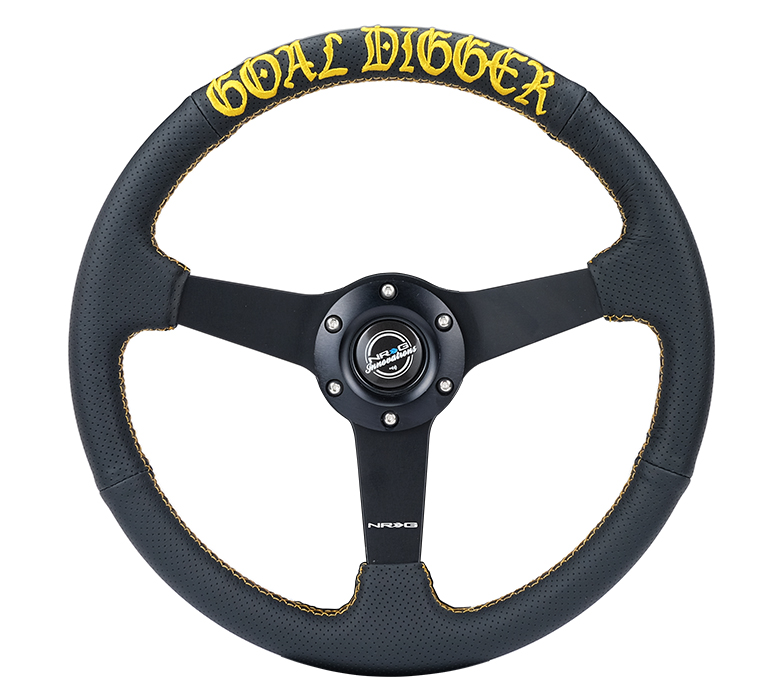 NRG 350mm Black Leather Gold Stitch Goal Digger Steering Wheel