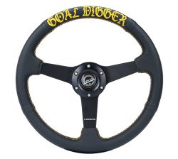 NRG 350mm Black Leather Gold Stitch Goal Digger Steering Wheel