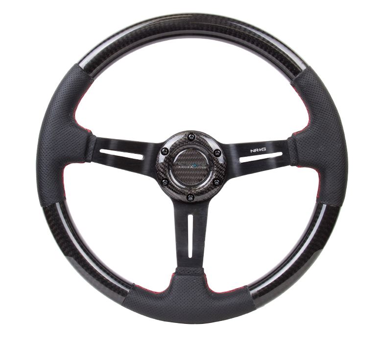 NRG Carbon Fiber Red Stitching 350MM Leather Steering Wheel