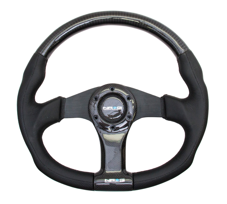 NRG Carbon Fiber With Black Spokes 350mm Flat Bottom Leather Steering Wheel