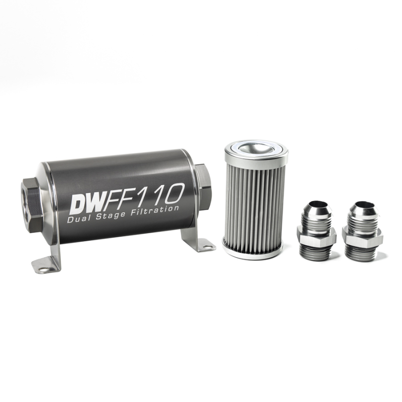DeatschWerks 110mm Stainless Steel 10AN 10-Micron Inline Fuel Filter Housing Kit