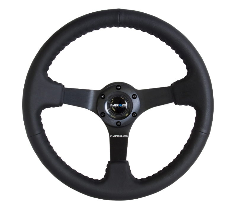 NRG 350mm Black Leather with Black Stitch and 3 inch Deep Black Spokes Steering Wheel