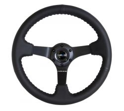 NRG 350mm Black Leather with Black Stitch and 3 inch Deep Black Spokes Steering Wheel