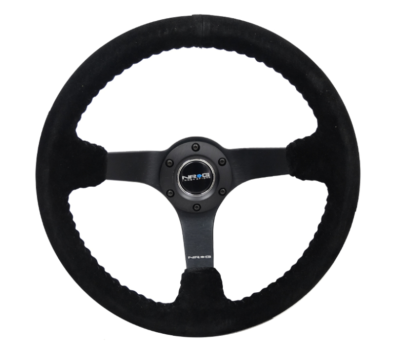 NRG 350mm Black Suede with Black Basketball Stitch and Matte Black Spokes Steering Wheel
