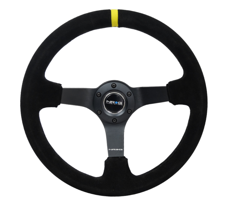 NRG 350mm Black Suede 3 inch Deep with Black Spokes and Yellow Centering Mark Steering Wheel