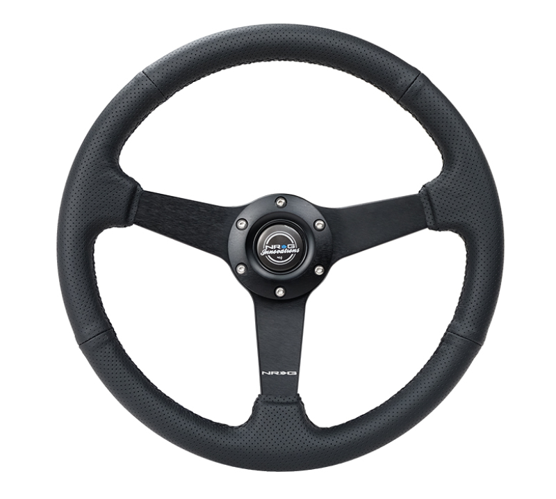 NRG 350mm Black Leather with Black Stitch and Matte Black Spokes Sport Steering Wheel