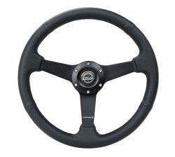NRG 350mm Black Leather with Black Stitch and Matte Black Spokes Sport Steering Wheel