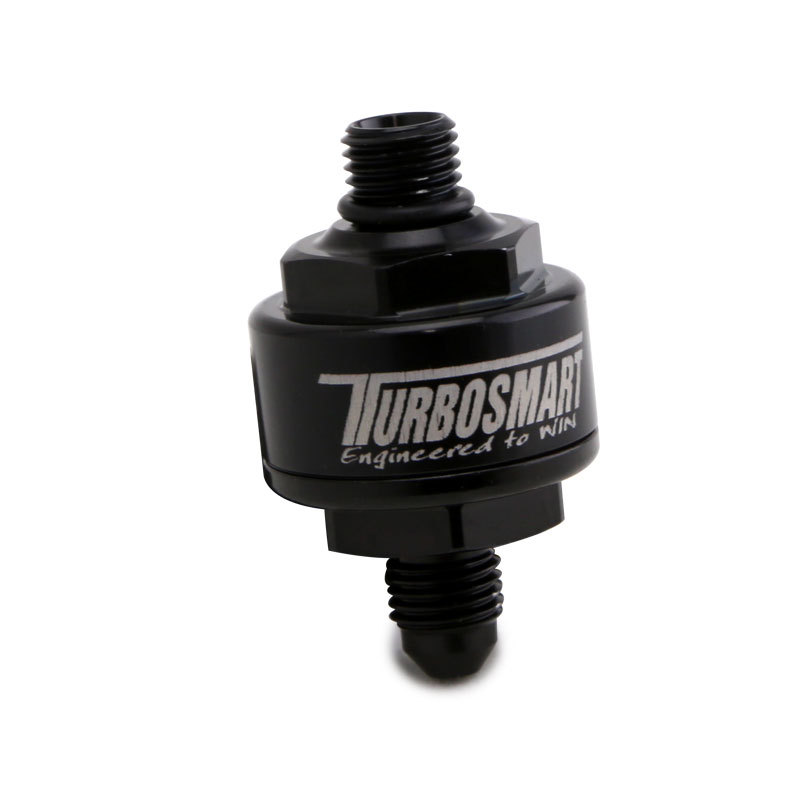 Turbosmart Black -4AN Male to -4AN ORB Billet Turbo Oil Feed Filter with 44 Micron Pleated Disc